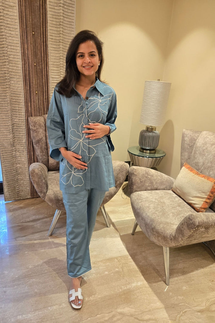 Classy Sage Blue Maternity & Nursing Lounge Coord Set (2Pc) momzjoy.com