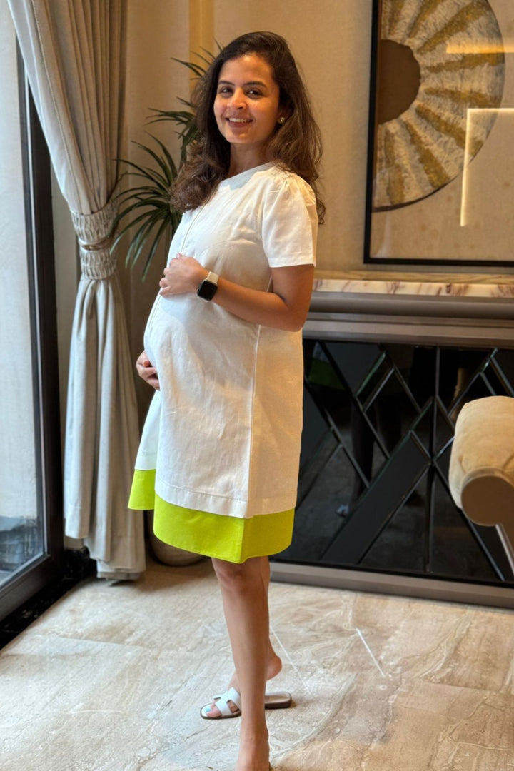 Easy Breezy White Maternity & Nursing Linen Dress momzjoy.com