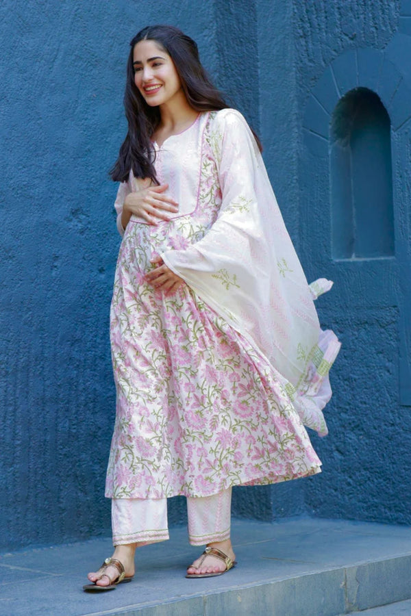 Rosy Pink Bloom Maternity & Nursing Kurta + Bump Band Bottom + Dupatta (3 Pc) (100% Cotton) momzjoy.com