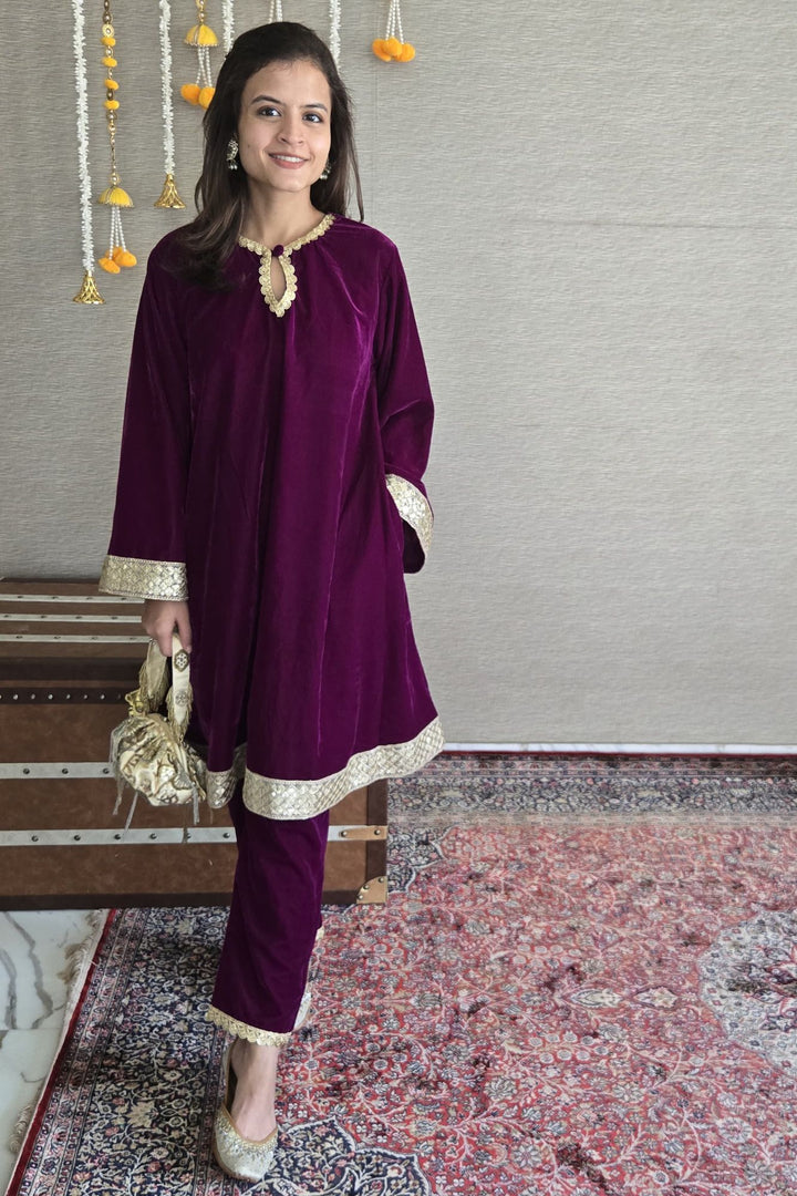 Adorable Wine Velvet Maternity Kurta Set (2 Pc) momzjoy.com