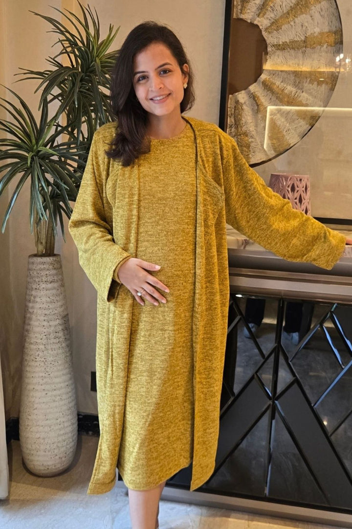 Cozy Mustard Maternity Winter Cover Up momzjoy.com