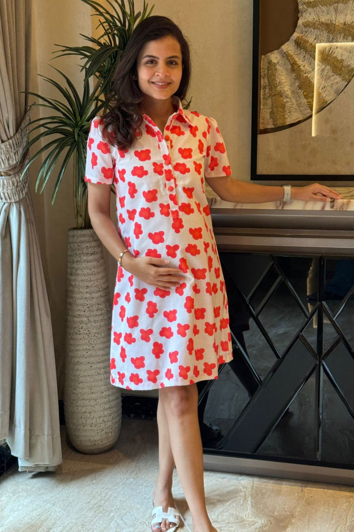 Cute Red Love Maternity & Nursing Linen Shirt Dress momzjoy.com