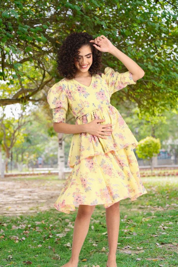 Paradise Corn Yellow Maternity & Nursing Layered Dress MOMZJOY.COM