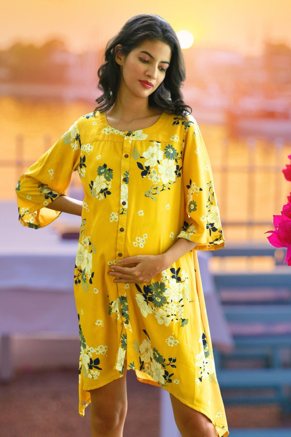 Hello Yellow Floral Maternity & Nursing Shirt Dress momzjoy.com