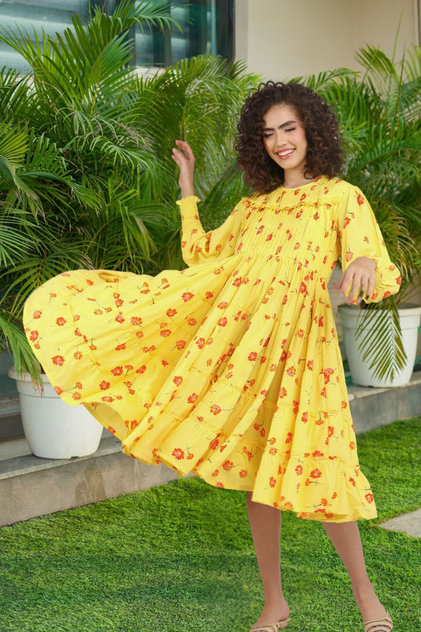 Luxe Retro Yellow Maternity & Nursing Pintucks Frill Dress momzjoy.com