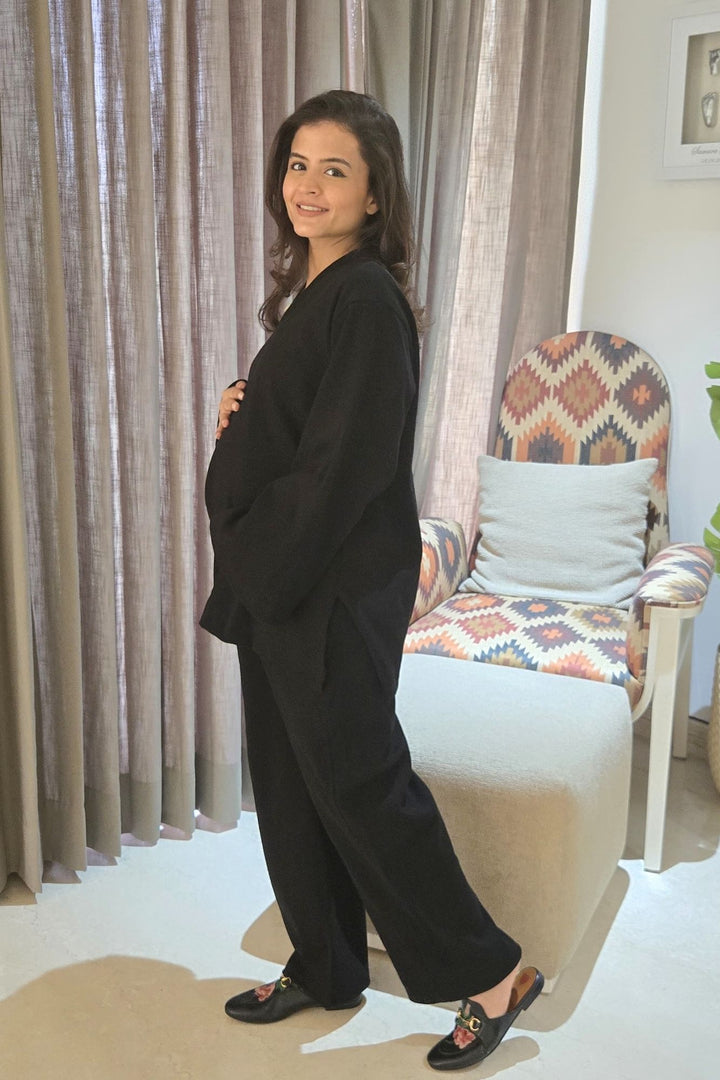 Classic Black Ribbed Maternity Stretchable Coord Set (2 pc) momzjoy.com