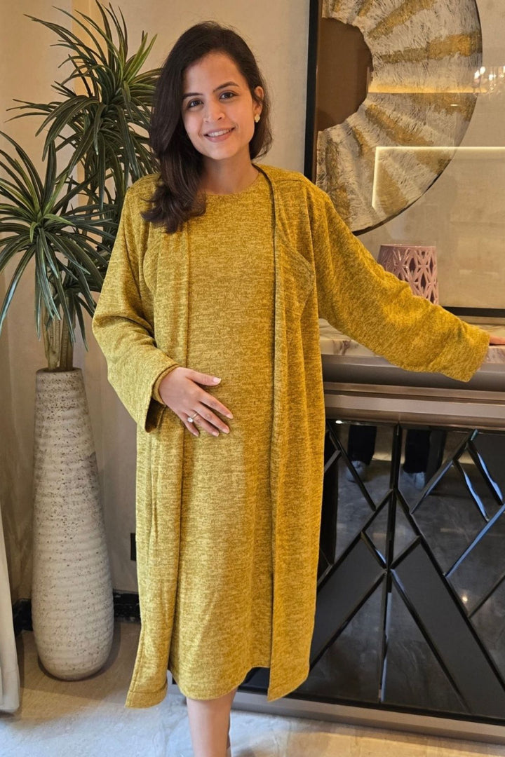 Cozy Mustard Maternity Winter Cover Up momzjoy.com