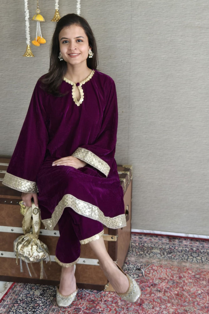 Adorable Wine Velvet Maternity Kurta Set (2 Pc) momzjoy.com