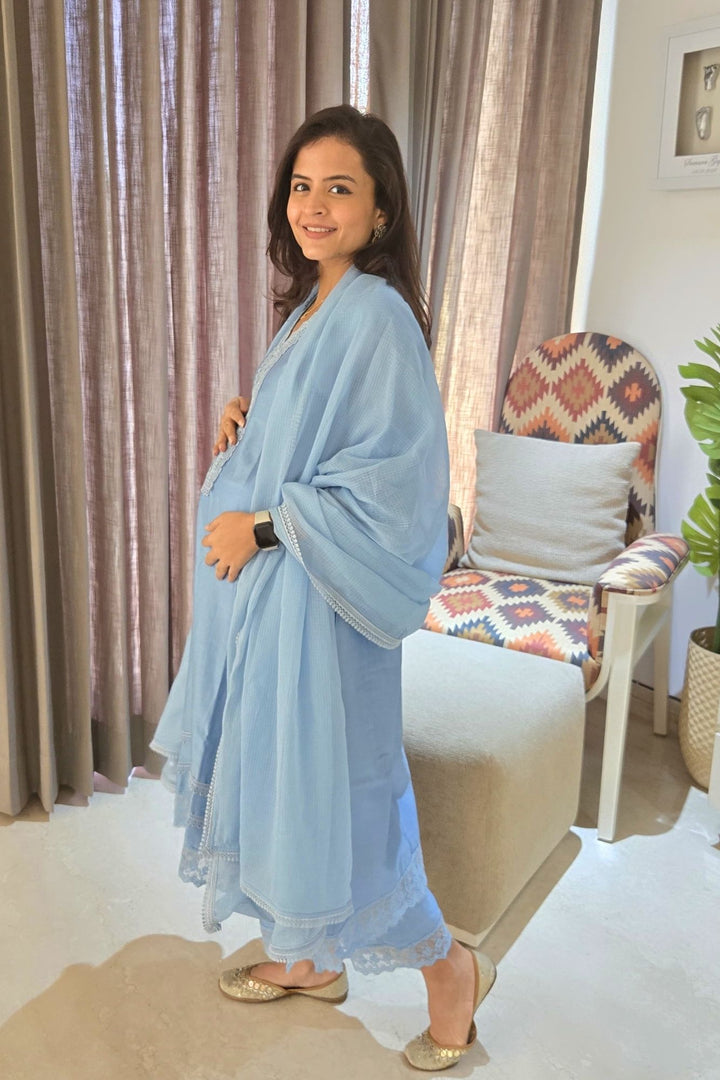 Pretty Ice Blue Maternity & Nursing Kurta + Bottom + Dupatta (3 Pc) momzjoy.com