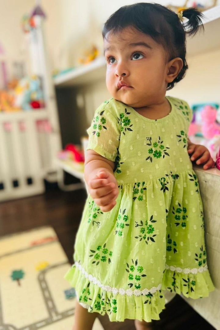 Cute Lime Green Floral Frill Frock MOMZJOY.COM