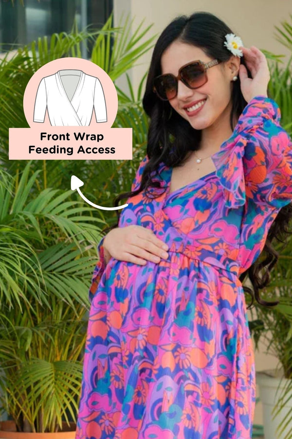 Flower Pop Pinky Orchid Maternity & Nursing Midi Wrap Dress momzjoy.com