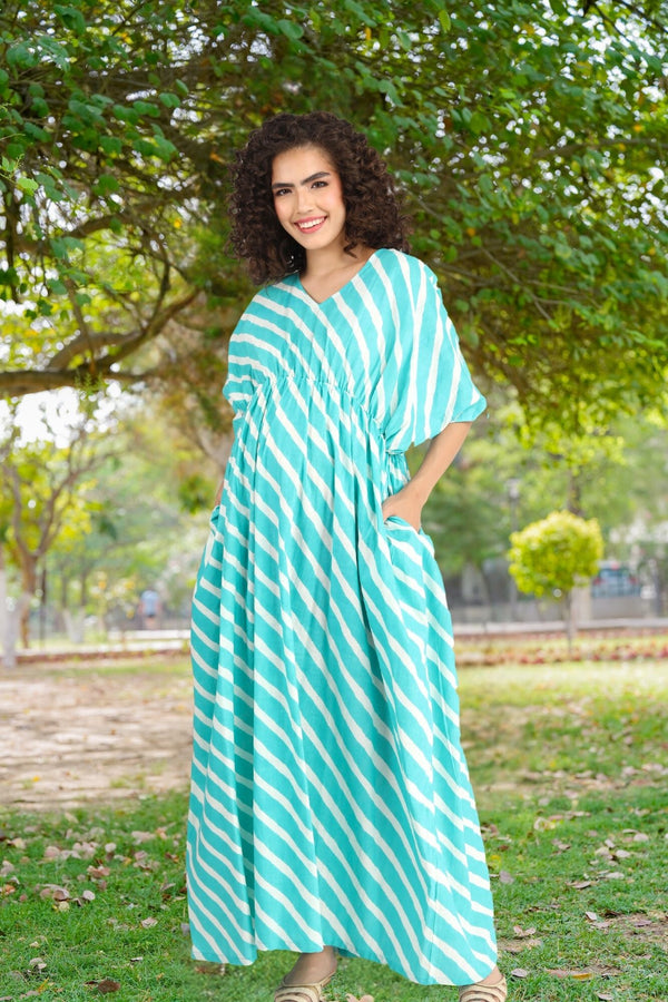 Teal Green Striped Maternity Kaftan Dress (100% Cotton) momzjoy.com