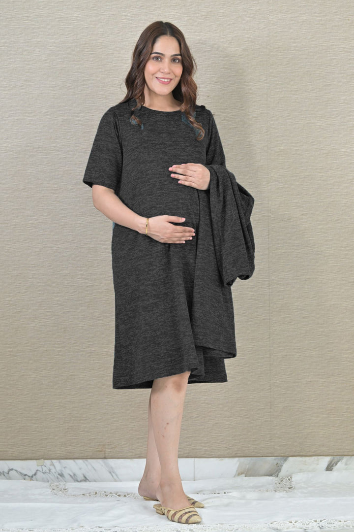 Chic Black Maternity Winter Dress With Cover Up (2pc) MOMZJOY.COM