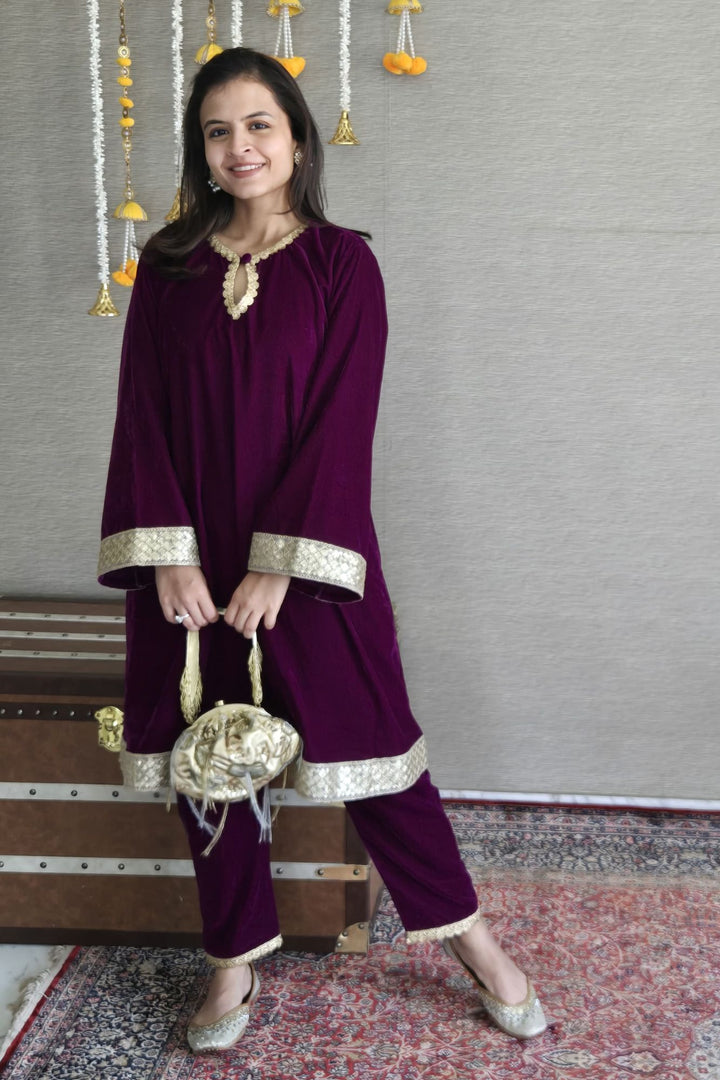 Adorable Wine Velvet Maternity Kurta Set (2 Pc) momzjoy.com