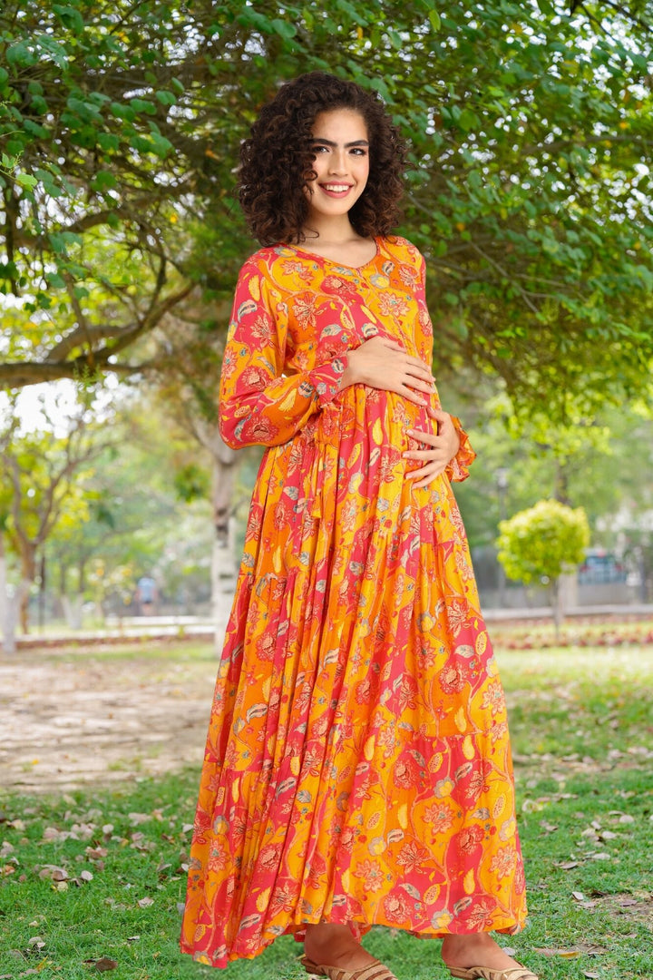 Pumpkin Red Maternity & Nursing Layer Dress MOMZJOY.COM