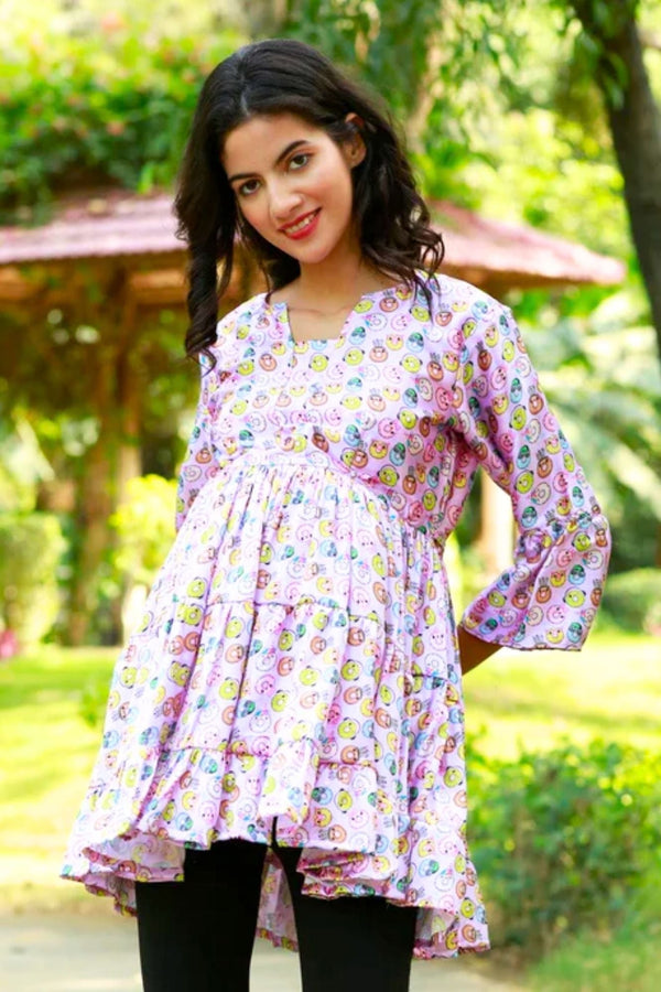 Peppy Pink Donut Satin Maternity Knee Top momzjoy.com