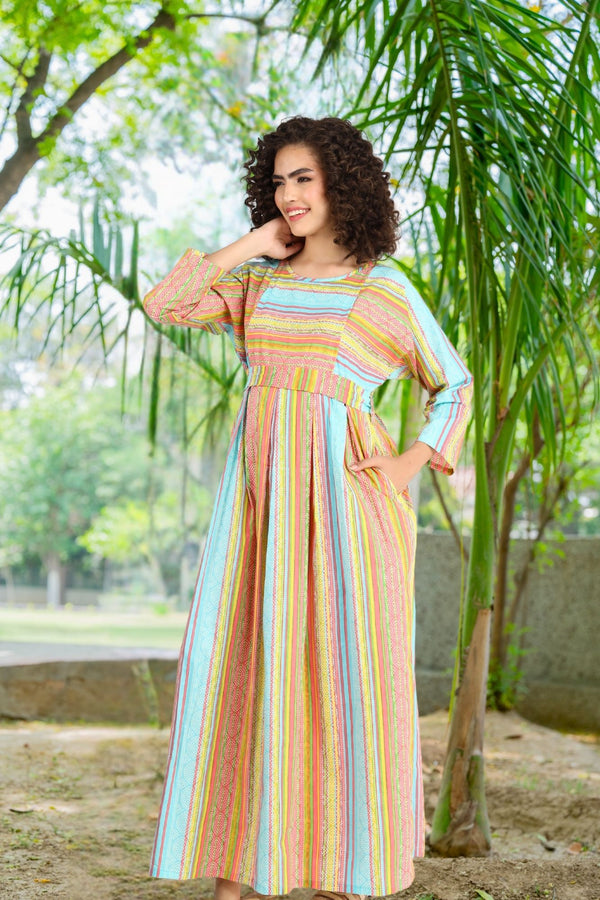 Colorful Pink Maternity & Nursing Maxi Dress (100% Cotton) momzjoy.com