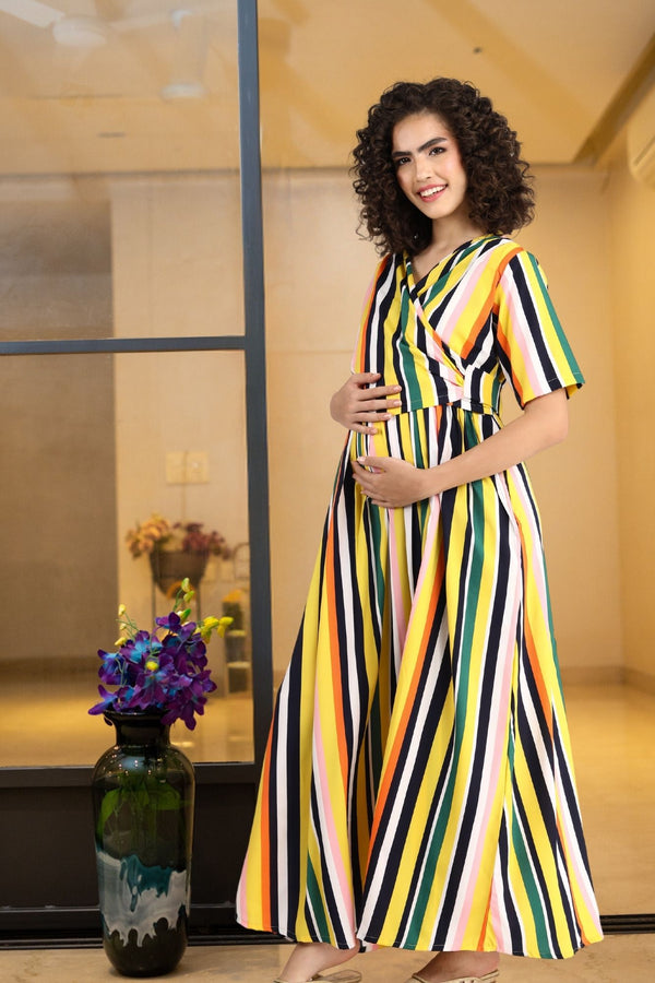 Dual Striped Yellow Maternity & Nursing Wrap Dress momzjoy.com