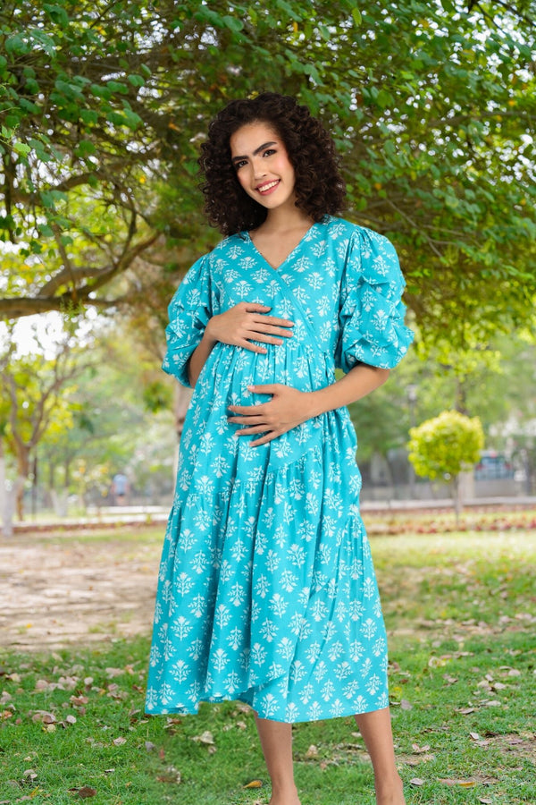 Love Iris Blue Maternity & Nursing Frill Wrap Dress (100% Cotton) momzjoy.com