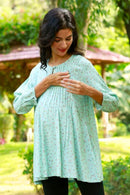 Elegant Mint Floral Maternity & Nursing Pintucks Top momzjoy.com