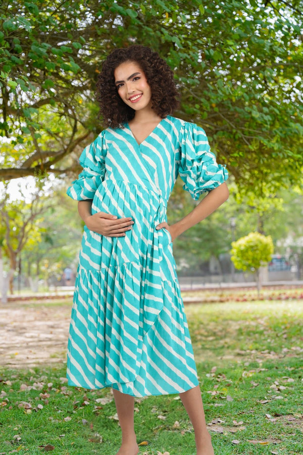 Tiffany Blue Stripe Maternity & Nursing Frill Wrap Dress (100% Cotton) momzjoy.com