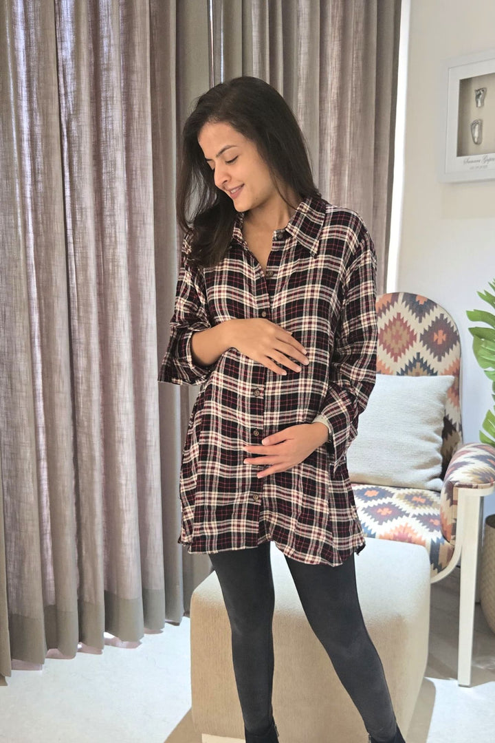 Plaid Red Black Maternity & Nursing Top momzjoy.com