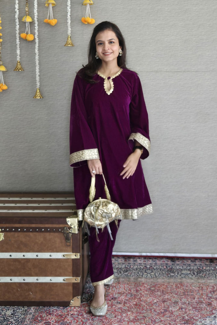 Adorable Wine Velvet Maternity Kurta Set (2 Pc) momzjoy.com