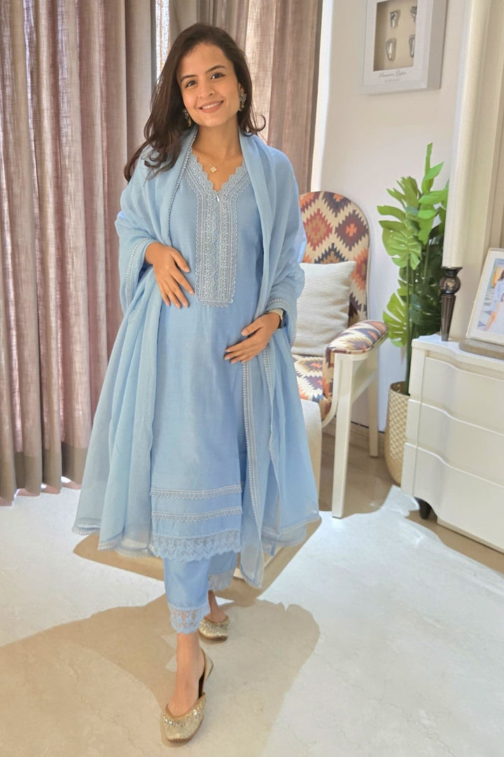 Pretty Ice Blue Maternity & Nursing Kurta + Bottom + Dupatta (3 Pc) momzjoy.com