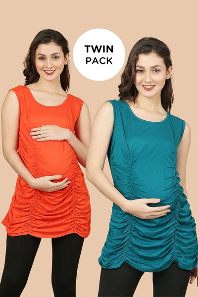 Maternity Tank Tops - Orange & Teal Green Twin Pack MOMZJOY.COM