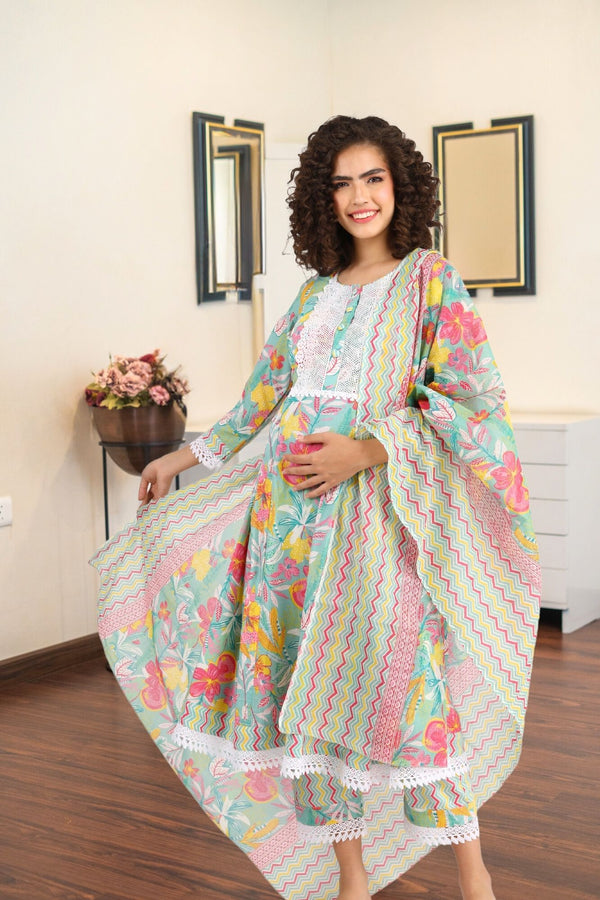 Aqua Green Maternity & Nursing Kurta + Bump Band Bottom + Dupatta (3 Pc) (100% Cotton) momzjoy.com