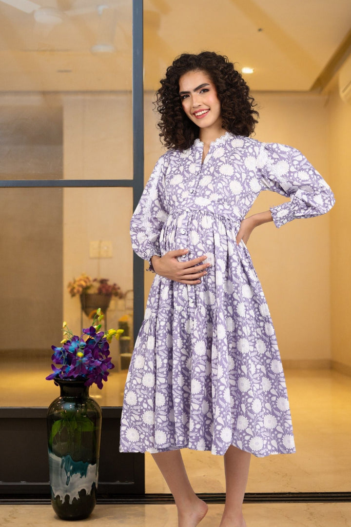 Dewberry Floral Maternity & Nursing Gathered Dress (100% Cotton) momzjoy.com