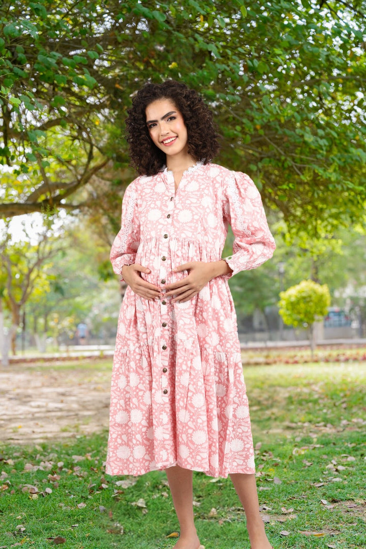 Dusty Flamingo Maternity & Nursing Gathered Dress (100% Cotton) momzjoy.com