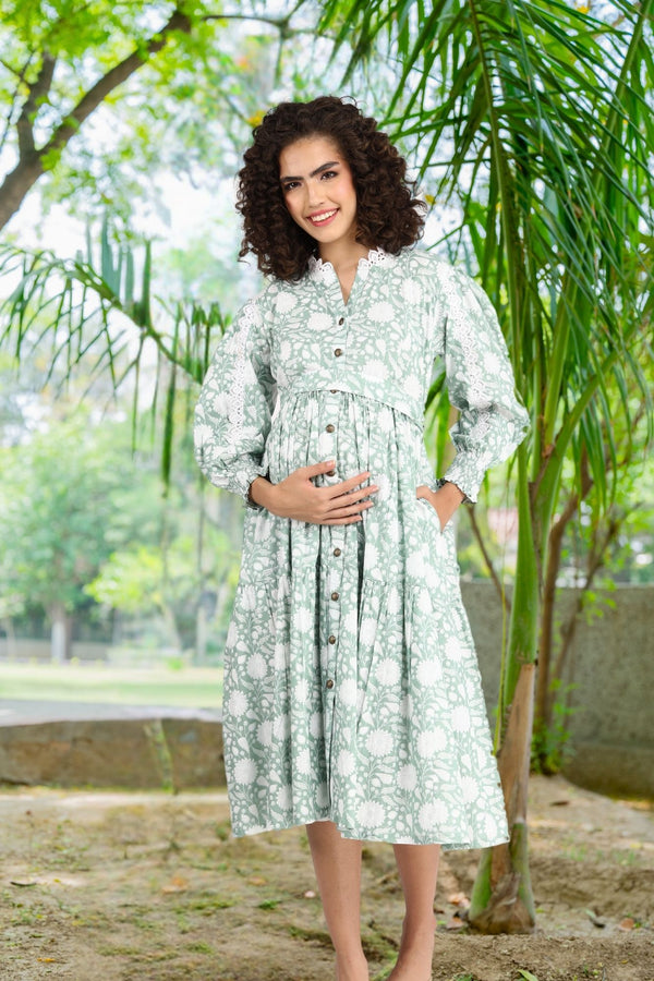 Seafoam Maternity & Nursing Gathered Dress (100% Cotton) momzjoy.com