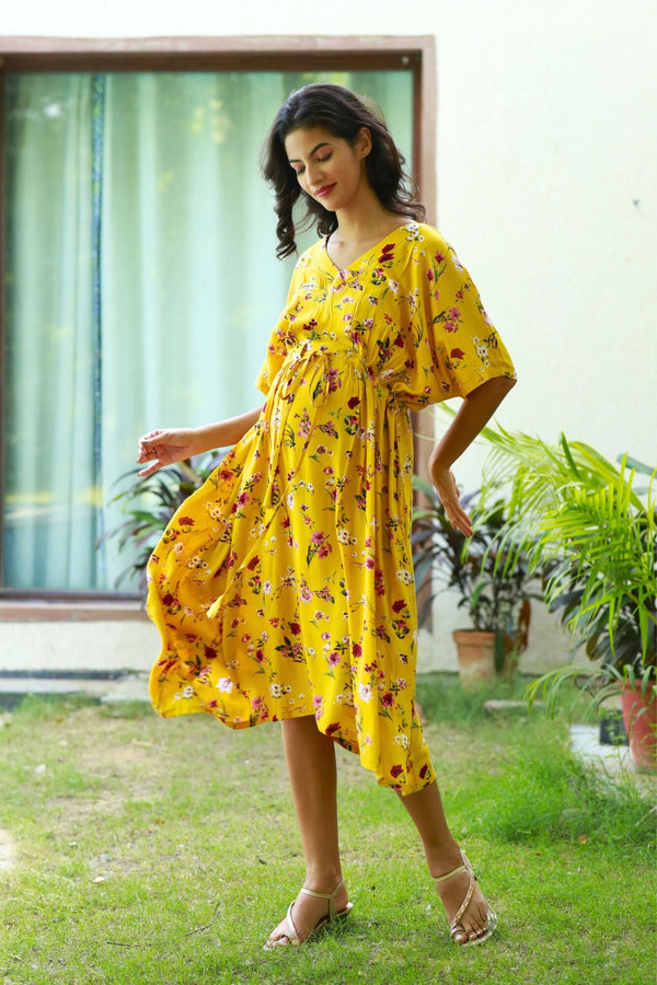 Comfy Canary Floral Kimono Maternity Dress / Delivery Gown/ Night Dress MOMZJOY.COM