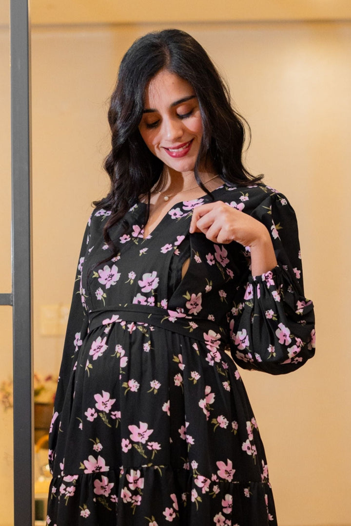 Eden Classic Black Bloom Maternity & Nursing Layered Dress MOMZJOY.COM