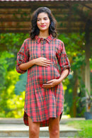 Flannel Blush Checks Maternity & Nursing Shirt Dress MOMZJOY.COM
