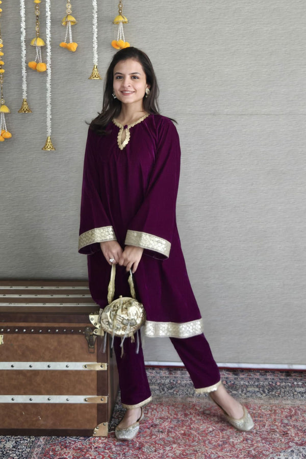 Adorable Wine Velvet Maternity Kurta Set (2 Pc) momzjoy.com