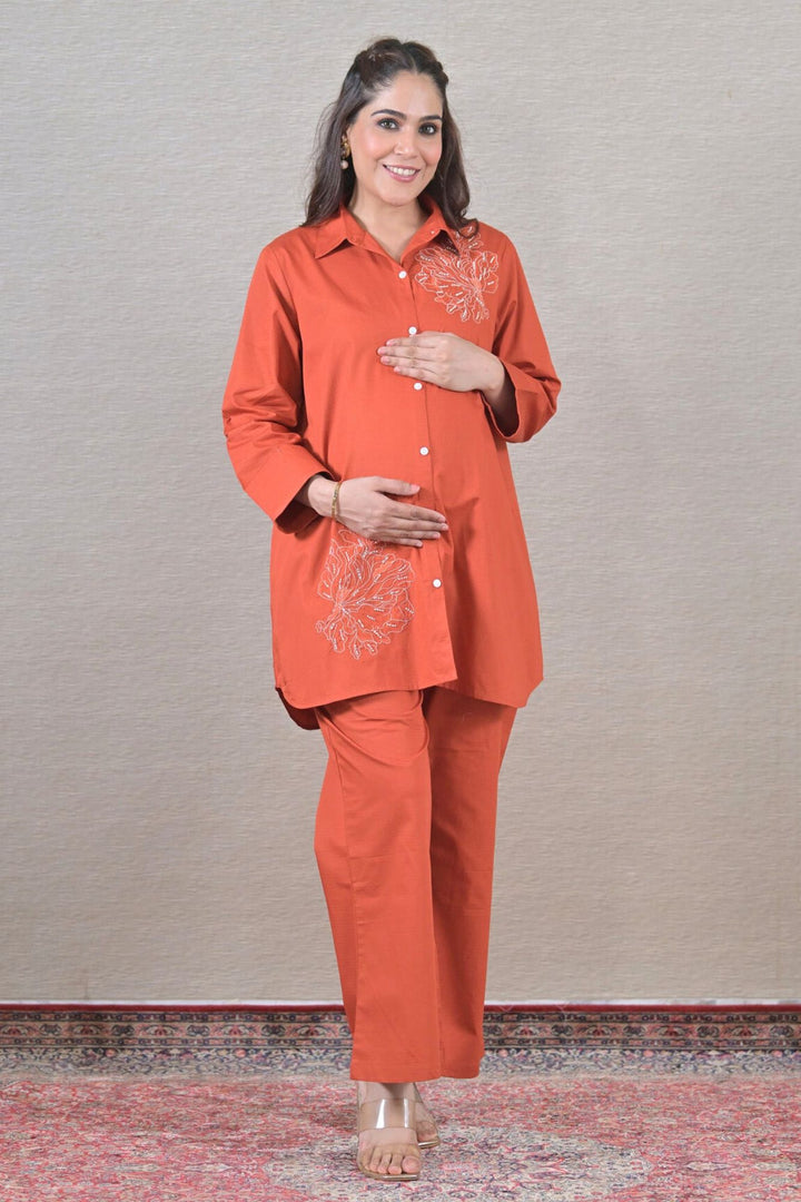 Iconic Tangerine Maternity & Nursing Shirt + Bump Band Bottom (2 pc) (100% Cotton) momzjoy.com