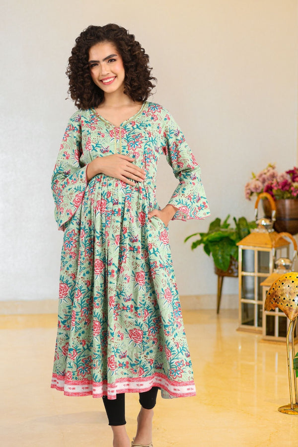 Apple Green Floral Maternity & Nursing Kurta (100% Cotton) momzjoy.com