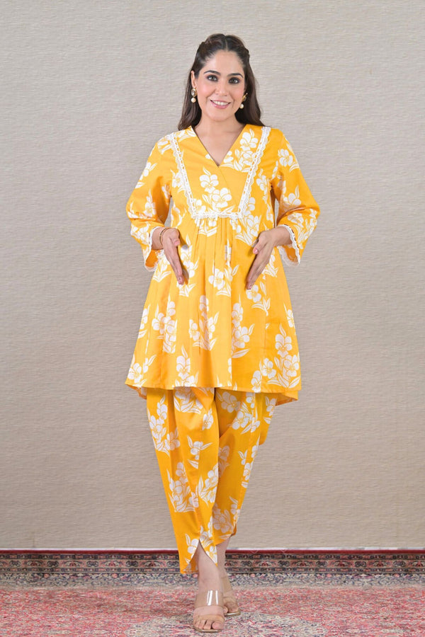 Honey Bloom Maternity & Nursing Kurta + Bump Band Bottom (2 pc) (100% Cotton) momzjoy.com