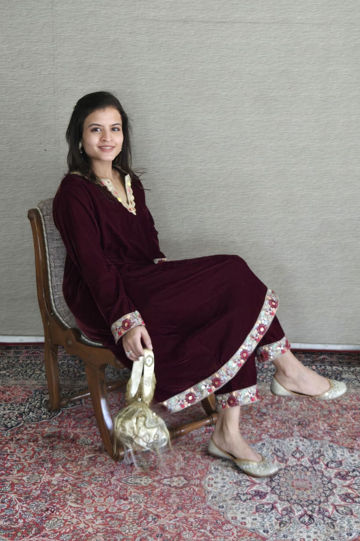 Classic Deep Berry Velvet Maternity Kurta Set (2 Pc) momzjoy.com