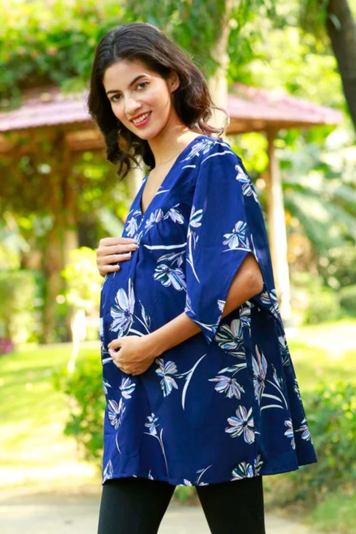 Serene Navy Blue Gathered Maternity & Nursing Top MOMZJOY.COM