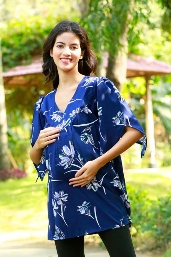 Serene Navy Blue Gathered Maternity & Nursing Top MOMZJOY.COM