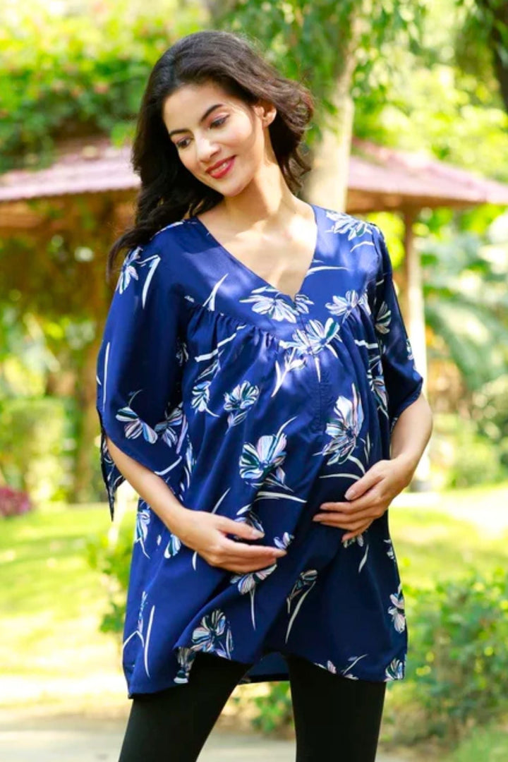 Serene Navy Blue Gathered Maternity & Nursing Top MOMZJOY.COM