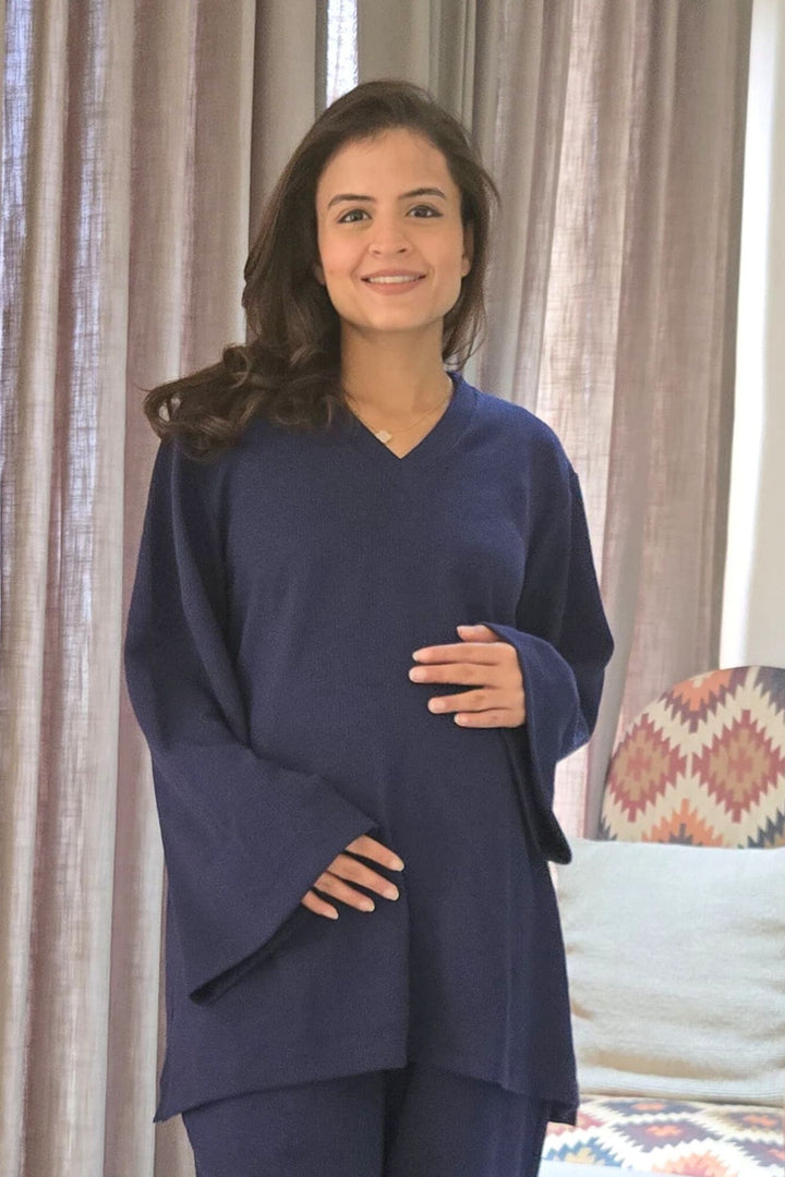 Midnight Blue Ribbed Maternity Stretchable Top momzjoy.com