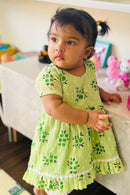 Cute Lime Green Floral Frill Frock MOMZJOY.COM