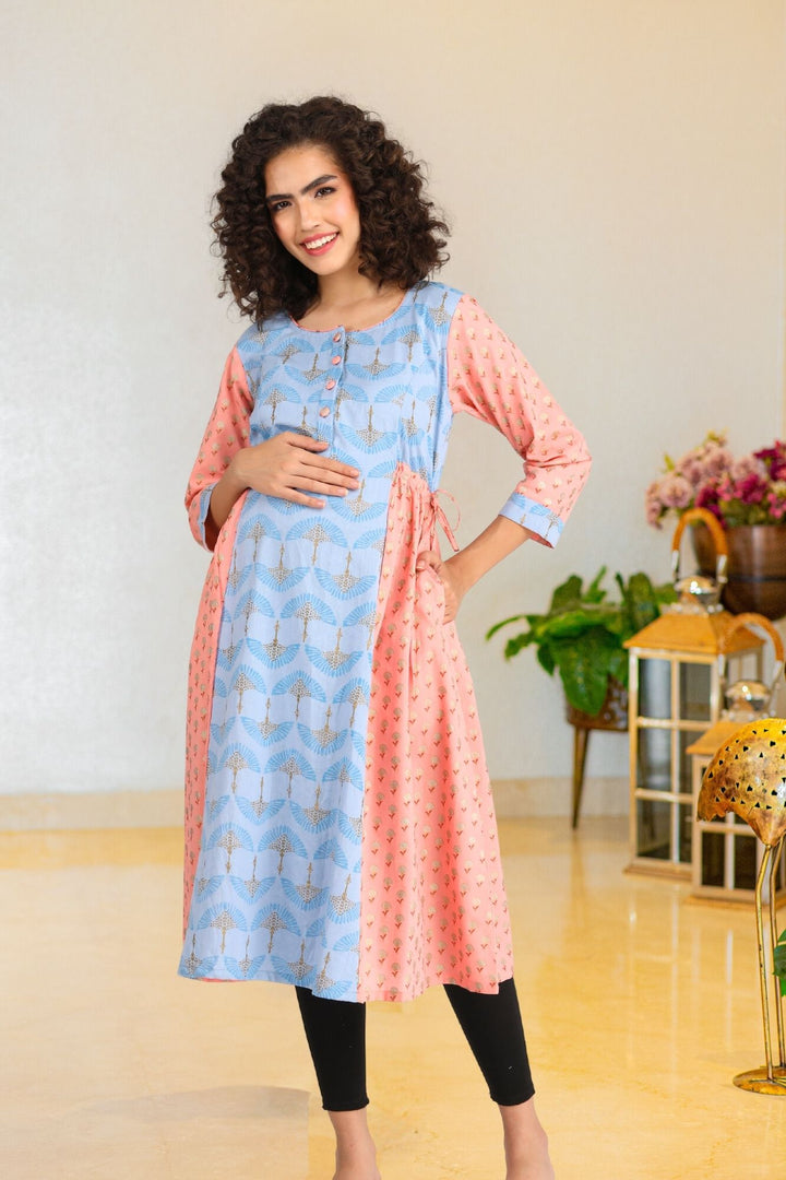 Ice Blue Gold Peach Maternity & Nursing Side Tie Kurta Dress (100% Cotton) momzjoy.com