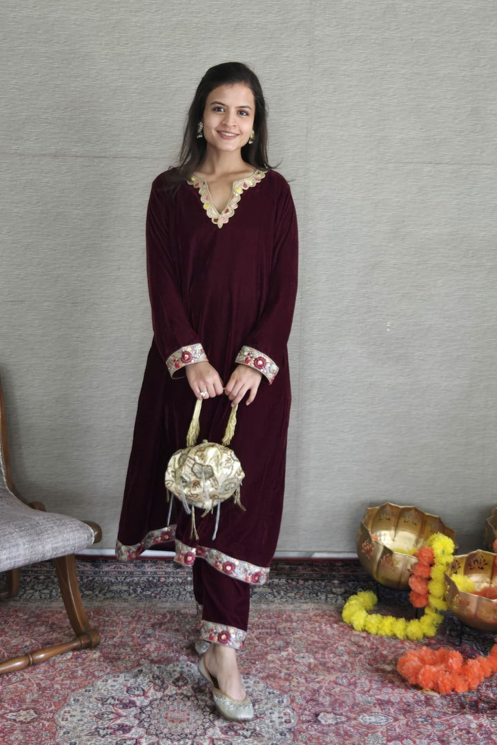 Classic Deep Berry Velvet Maternity Kurta Set (2 Pc) momzjoy.com