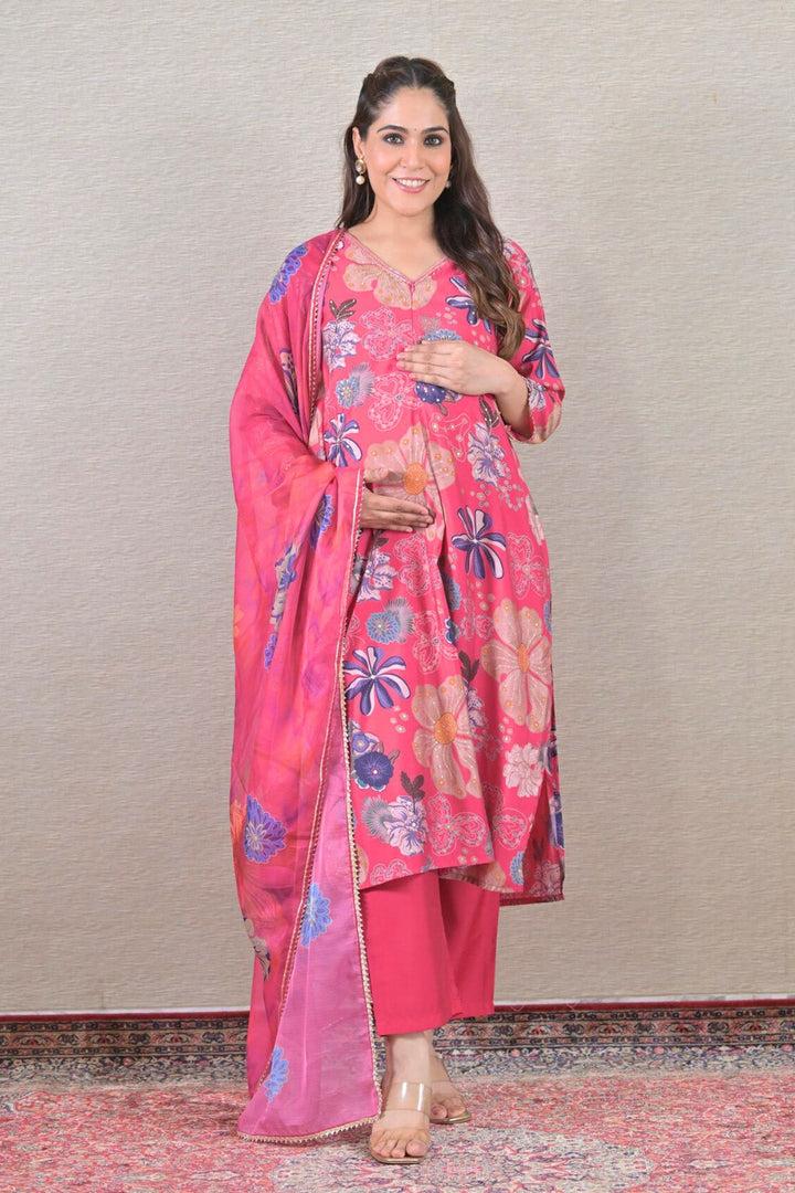 Floral Embellished Maternity & Nursing Kurta + Bump Band Bottom + Dupatta (3 Pc) (100% Cotton) (Copy) momzjoy.com