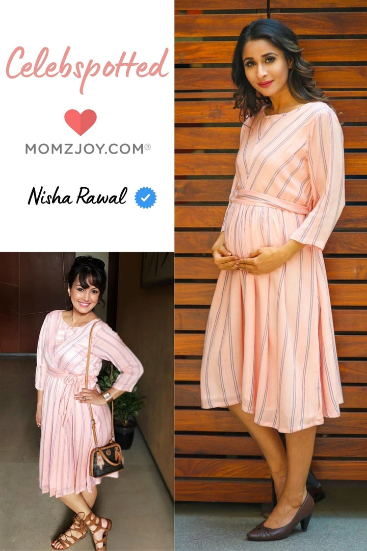 Soft Peach Striped Maternity & Nursing Dress momzjoy.com